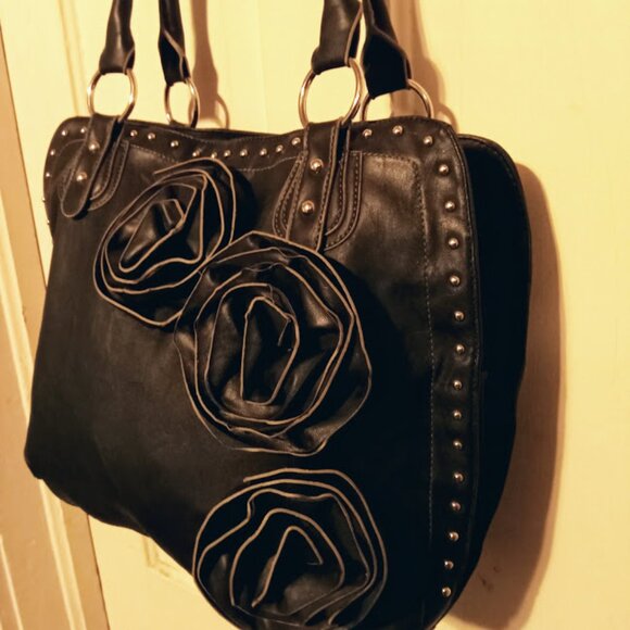 NEW Womans Black Leather Purse With Silver Studs And Rosette floral Petals - Picture 2 of 13